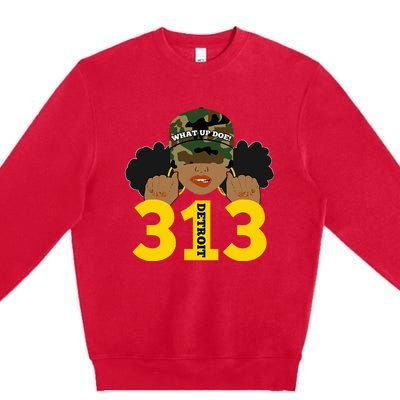 What Up Doe 313 Detroit Black Woman Camo Afro Puffs Premium Crewneck Sweatshirt