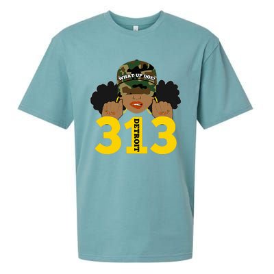 What Up Doe 313 Detroit Black Woman Camo Afro Puffs Sueded Cloud Jersey T-Shirt