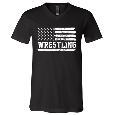 Wrestling USA Flag Vintage V-Neck T-Shirt