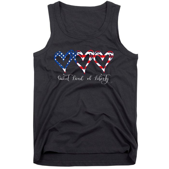 Womens USA Flag Patriotic Hearts 4th Of July Sweet Land Of Liberty Tank Top