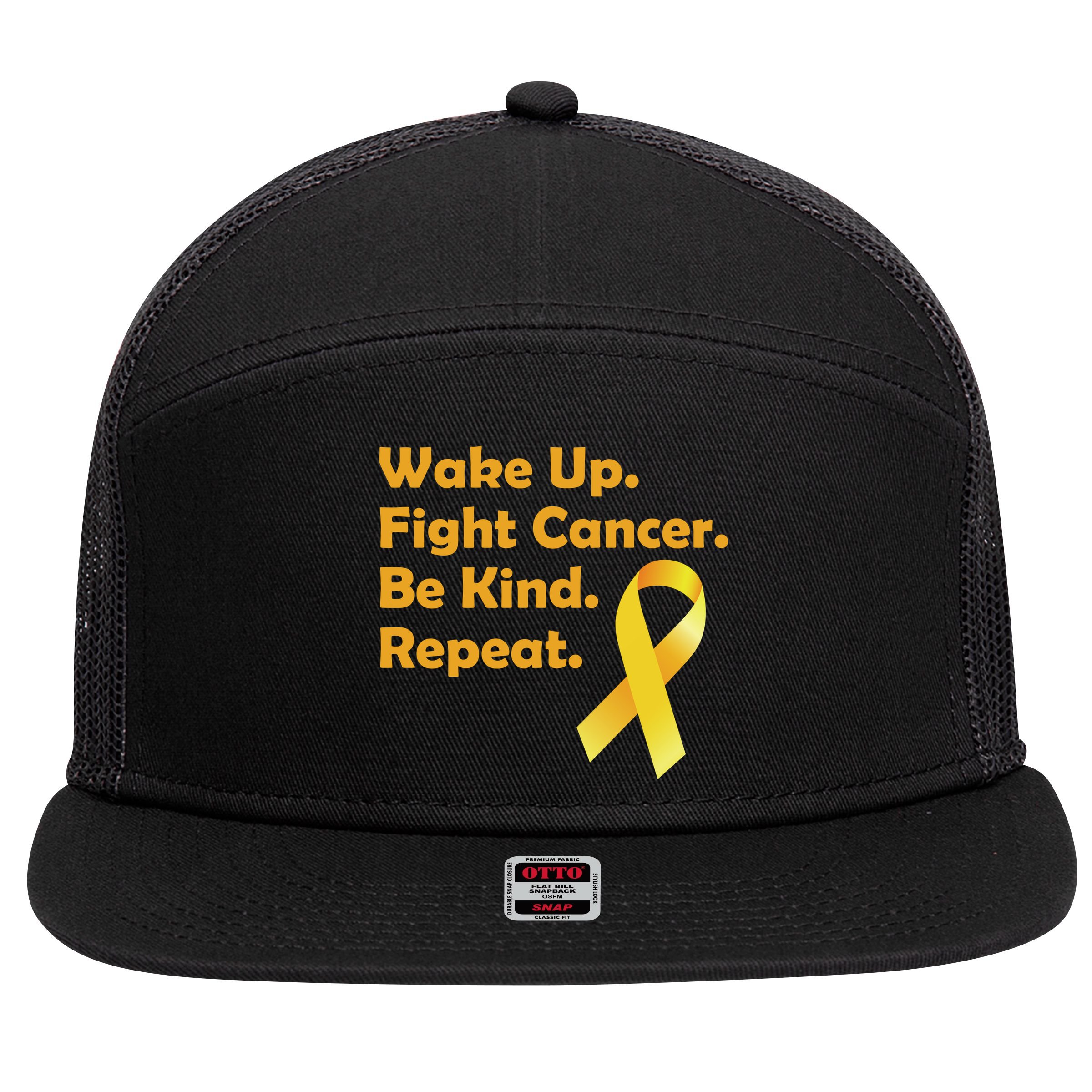 Wake Up Fight Childhood Cancer Be Kind Repeat 7 Panel Mesh Trucker Snapback Hat