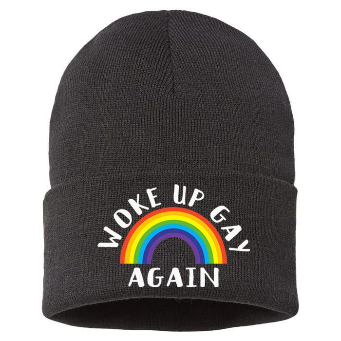 Woke Up Gay Again Fun LGBTQ Rainbow Equality Pride Month Sustainable Knit Beanie