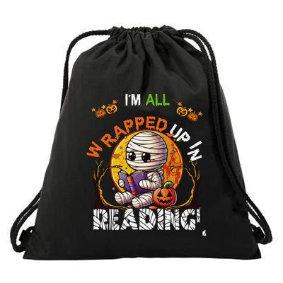 Wrapped Up In Reading Halloween Moon Cute Mummy Reading Book Drawstring Bag
