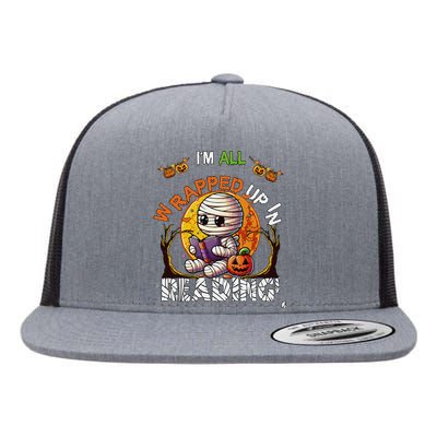 Wrapped Up In Reading Halloween Moon Cute Mummy Reading Book Flat Bill Trucker Hat