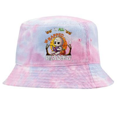 Wrapped Up In Reading Halloween Moon Cute Mummy Reading Book Tie-Dyed Bucket Hat