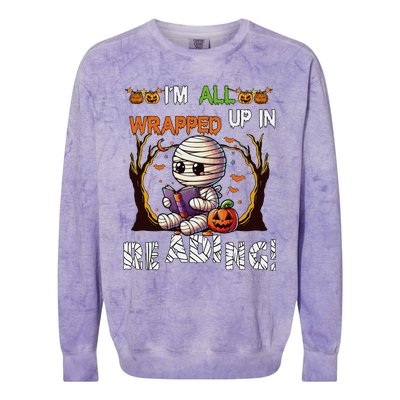 Wrapped Up In Reading Halloween Mummy Reading Book Bookworm Colorblast Crewneck Sweatshirt