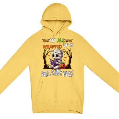 Wrapped Up In Reading Halloween Mummy Reading Book Bookworm Premium Pullover Hoodie