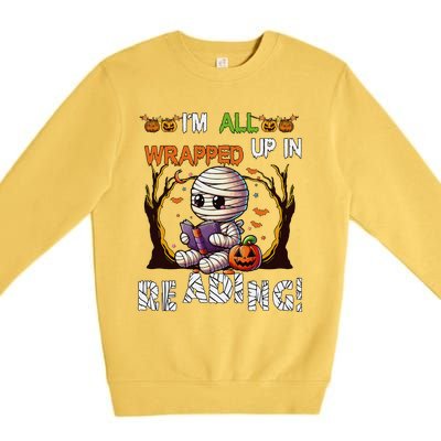 Wrapped Up In Reading Halloween Mummy Reading Book Bookworm Premium Crewneck Sweatshirt