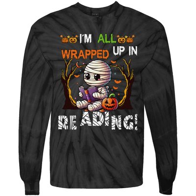 Wrapped Up In Reading Halloween Mummy Reading Book Bookworm Tie-Dye Long Sleeve Shirt