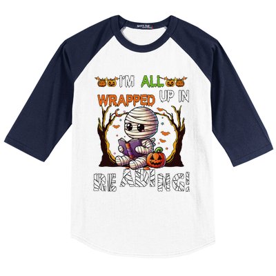 Wrapped Up In Reading Halloween Mummy Reading Book Bookworm Baseball Sleeve Shirt