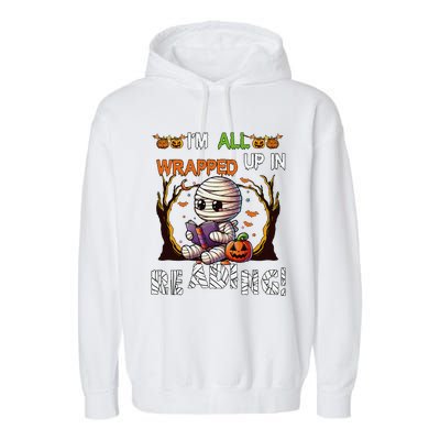 Wrapped Up In Reading Halloween Mummy Reading Book Bookworm Garment-Dyed Fleece Hoodie