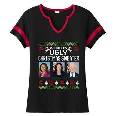 World's Ugly Pelosi Kamala Joe Biden Christmas Sweater Ladies Halftime Notch Neck Tee