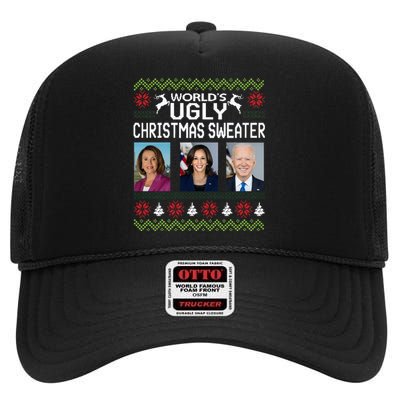 World's Ugly Pelosi Kamala Joe Biden Christmas Sweater High Crown Mesh Back Trucker Hat