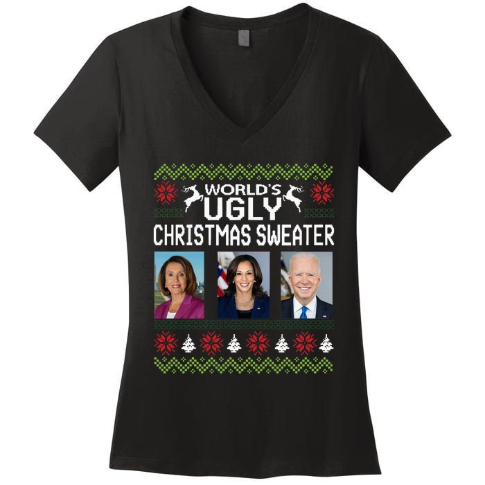 World's Ugly Pelosi Kamala Joe Biden Christmas Sweater Women's V-Neck T-Shirt