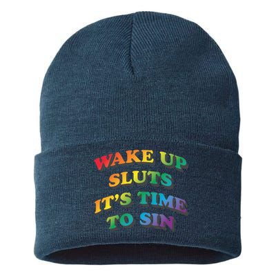 Wake Up Sluts Its Time To Sin Funny Pride Adult LGBTQ Sustainable Knit Beanie