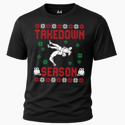 Wrestling Ugly Sweater Takedown Season Christmas Santa Cooling Performance Crew T-Shirt