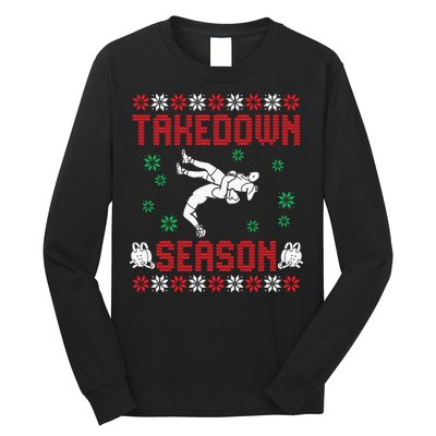 Wrestling Ugly Sweater Takedown Season Christmas Santa Long Sleeve Shirt