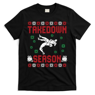 Wrestling Ugly Sweater Takedown Season Christmas Santa T-Shirt