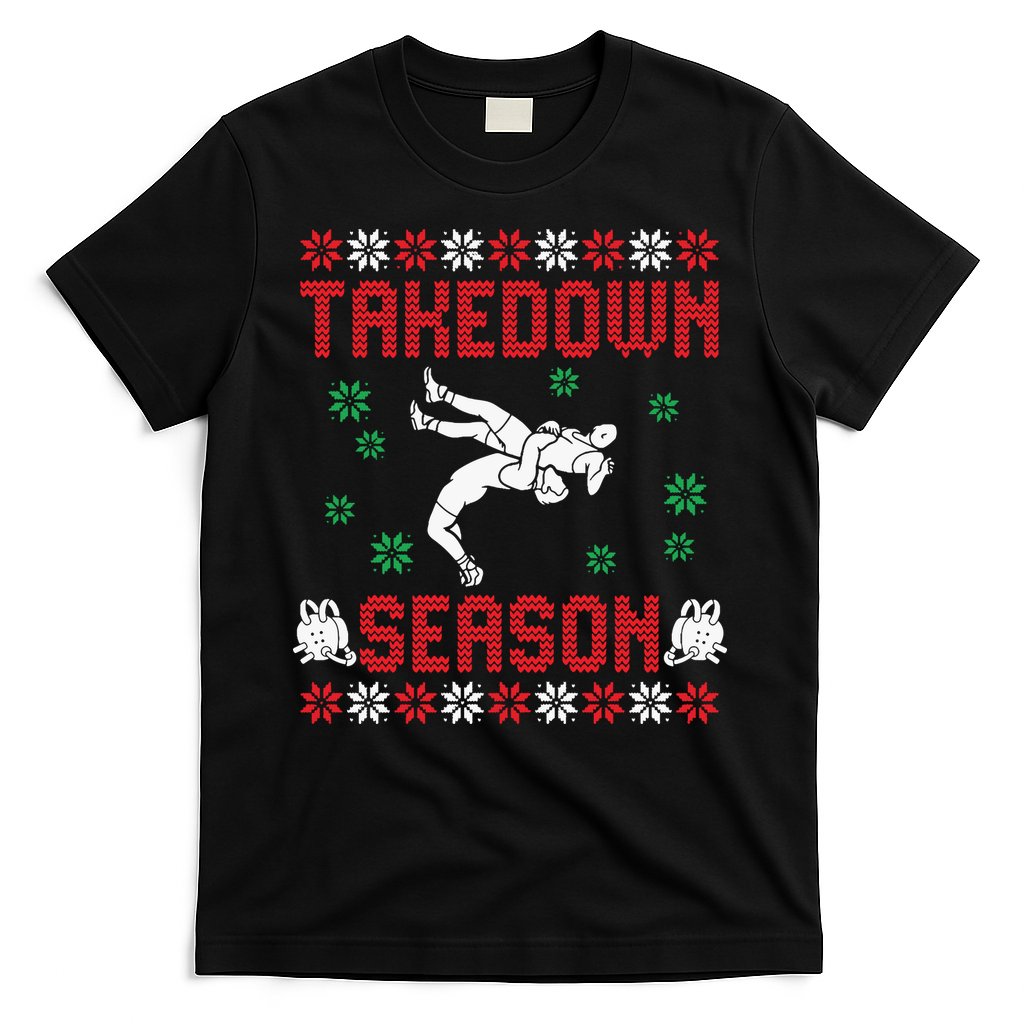 Wrestling Ugly Sweater Takedown Season Christmas Santa T-Shirt