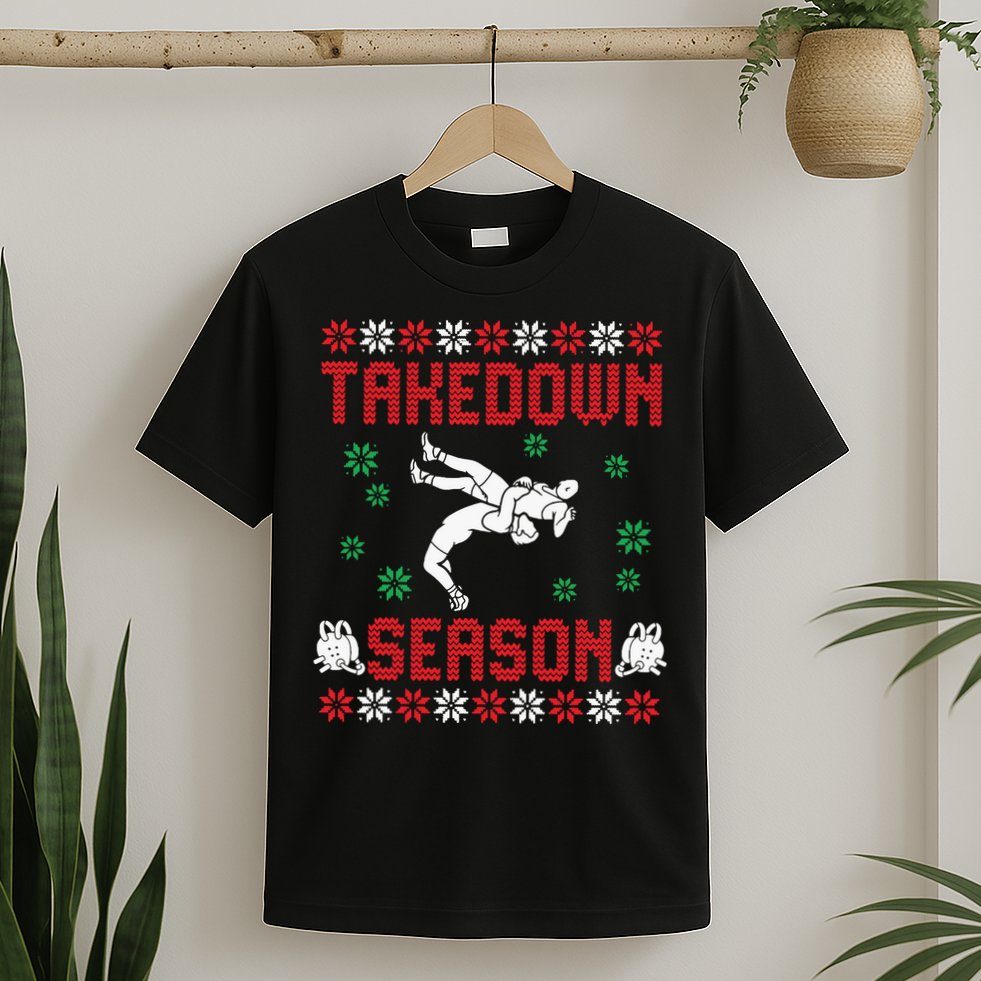 Wrestling Ugly Sweater Takedown Season Christmas Santa T-Shirt