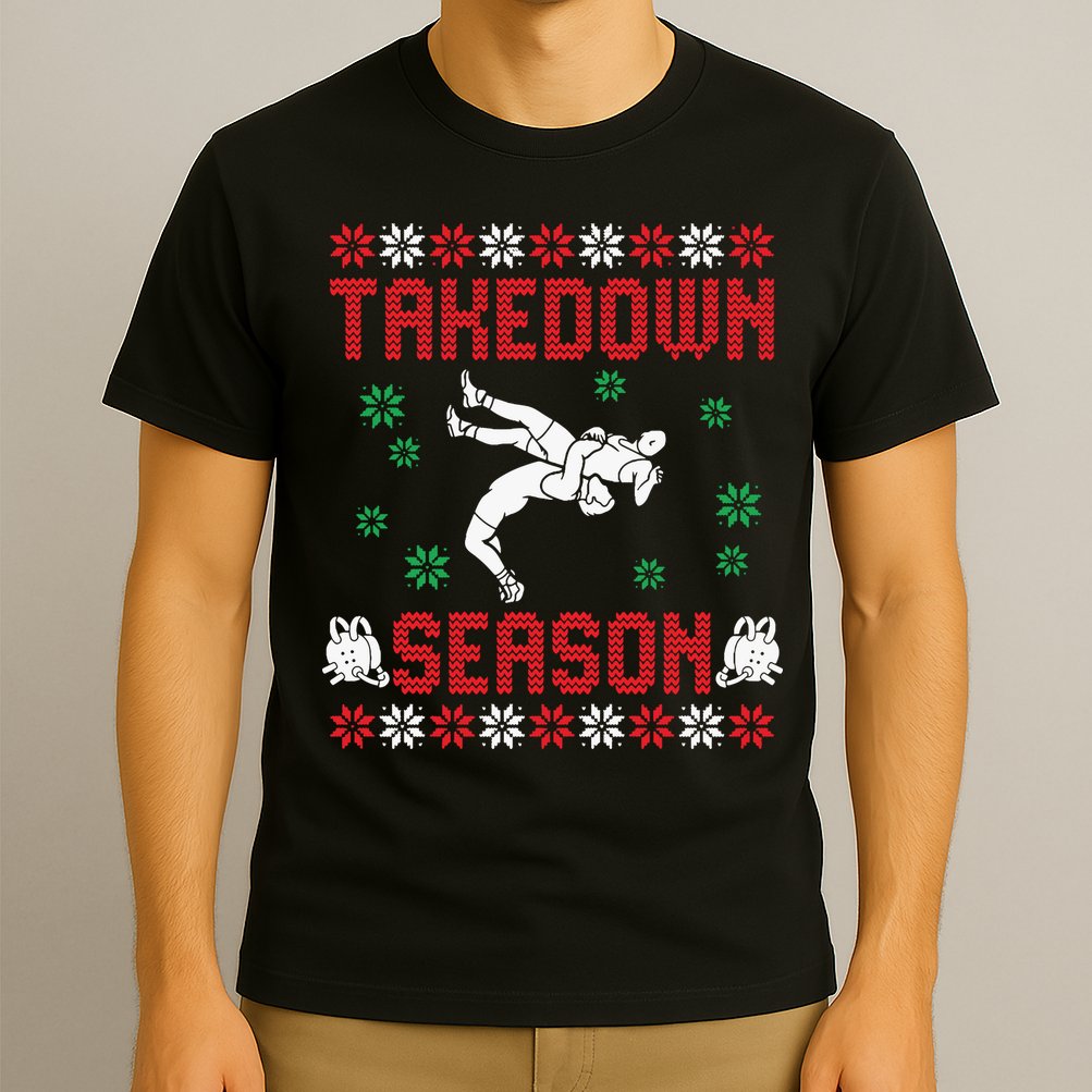 Wrestling Ugly Sweater Takedown Season Christmas Santa T-Shirt