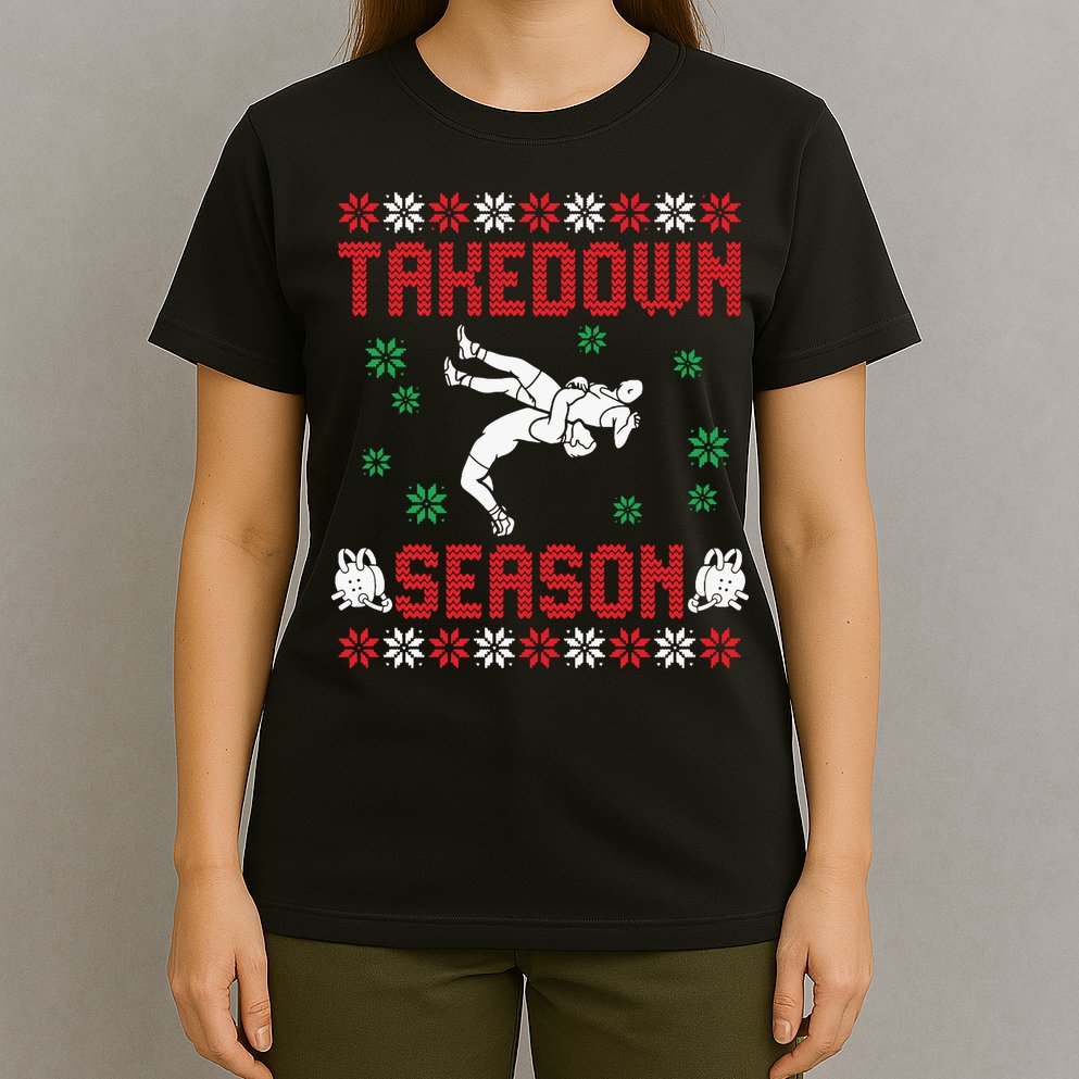 Wrestling Ugly Sweater Takedown Season Christmas Santa T-Shirt