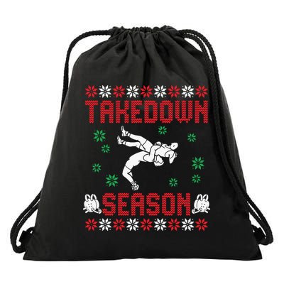Wrestling Ugly Sweater Takedown Season Christmas Santa Drawstring Bag