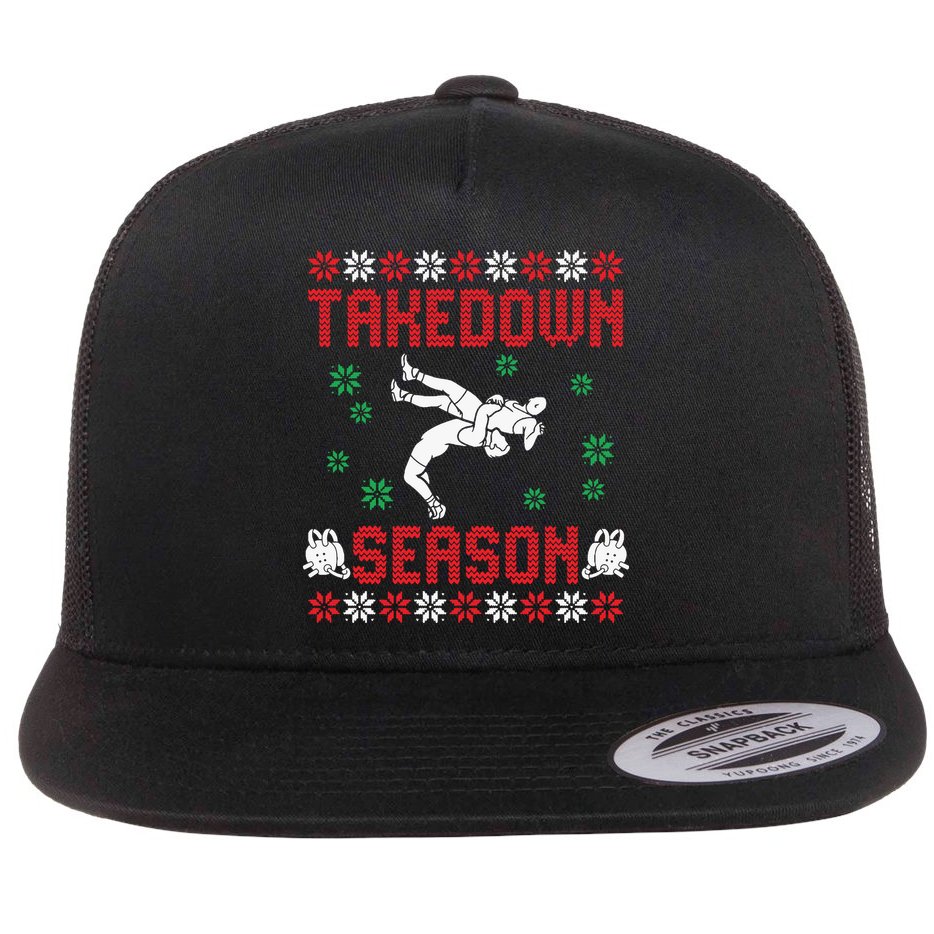 Wrestling Ugly Sweater Takedown Season Christmas Santa Flat Bill Trucker Hat