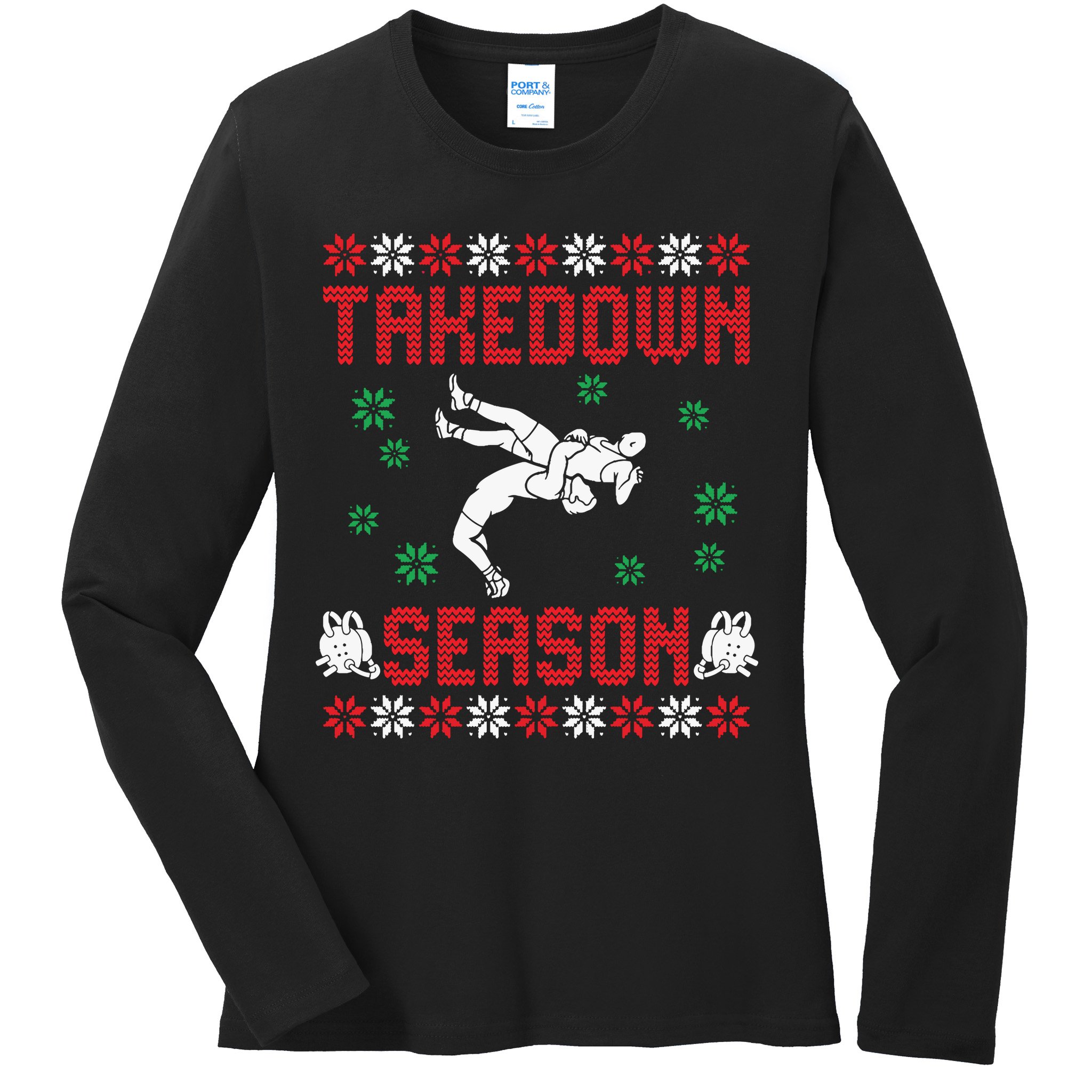 Wrestling Ugly Sweater Takedown Season Christmas Santa Ladies Long Sleeve Shirt