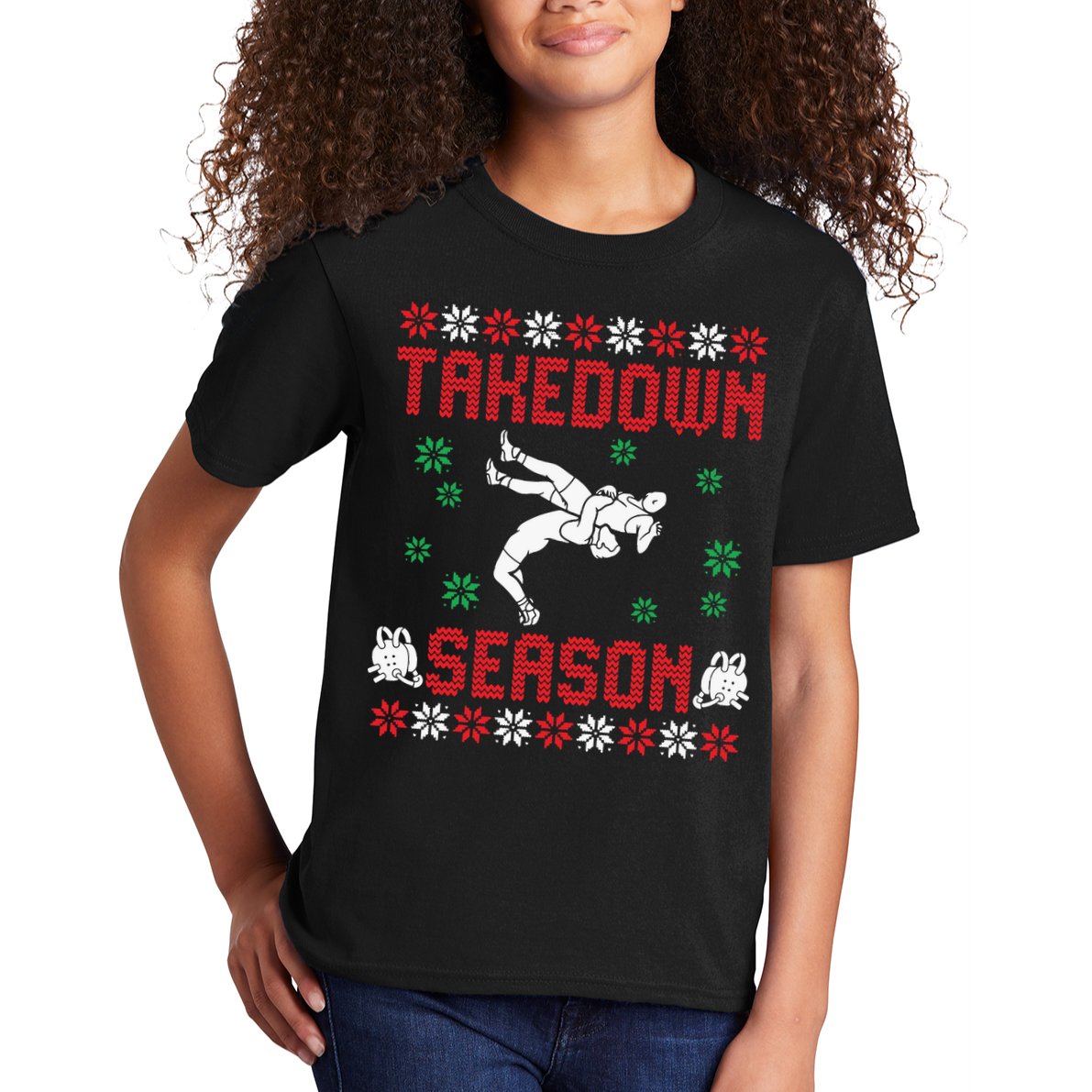 Wrestling Ugly Sweater Takedown Season Christmas Santa Kids T-Shirt