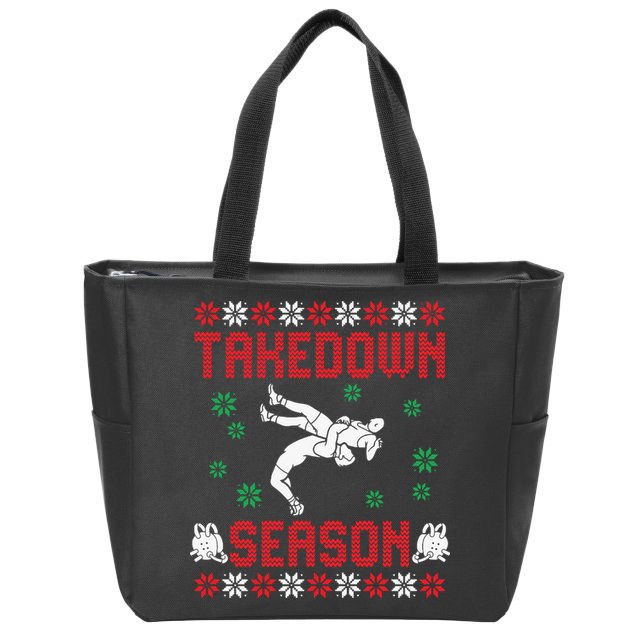 Wrestling Ugly Sweater Takedown Season Christmas Santa Zip Tote Bag