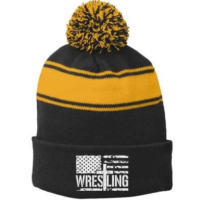 Wrestling Usa Us Flag Patriotic Cross Christ Stripe Pom Pom Beanie