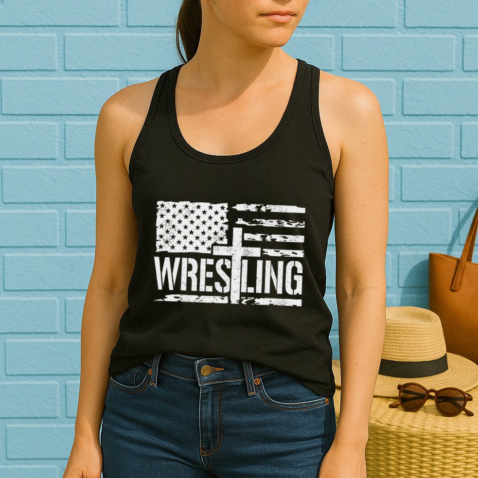 Wrestling Usa Us Flag Patriotic Cross Christ Womens Tank Top