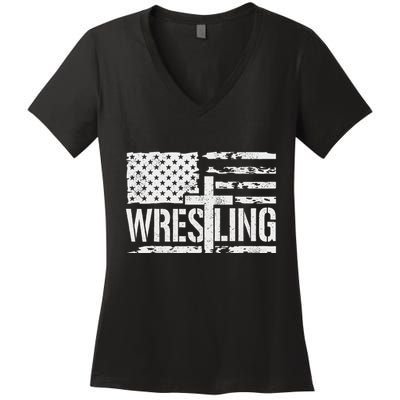 Wrestling Usa Us Flag Patriotic Cross Christ Women's V-Neck T-Shirt