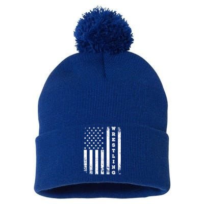 Wrestling Vintage American Flag Usa Quote Wrestler Wrestle Gift Pom Pom 12in Knit Beanie