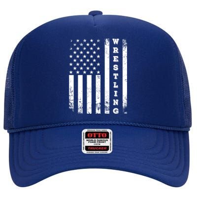 Wrestling Vintage American Flag Usa Quote Wrestler Wrestle Gift High Crown Mesh Back Trucker Hat