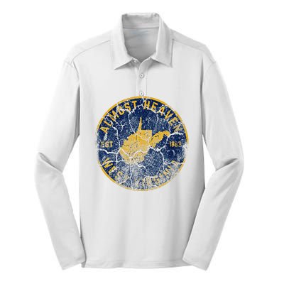 West Virginia Almost Heaven State Map WV Home Vintage 304 Silk Touch Performance Long Sleeve Polo