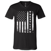 Wrestling Vintage American Flag Usa Quote Wrestler Wrestle V-Neck T-Shirt