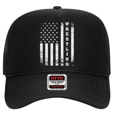 Wrestling Vintage American Flag USA Quote Wrestler Wrestle  High Crown Mesh Back Trucker Hat