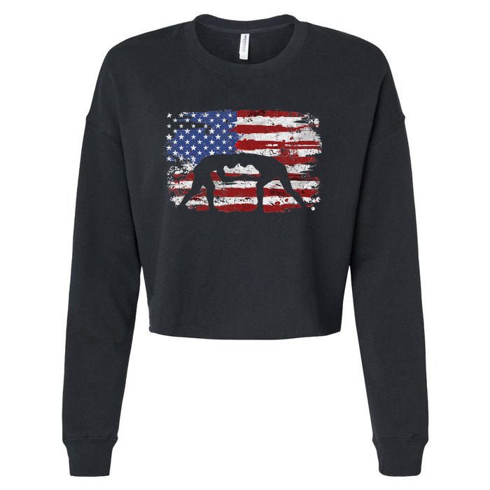 Wrestling Vintage American Flag Cropped Pullover Crew