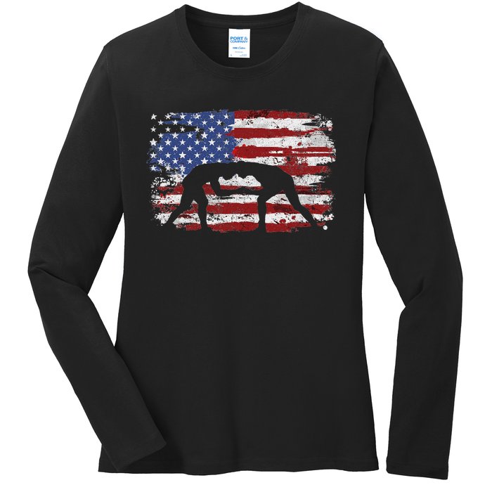 Wrestling Vintage American Flag Ladies Long Sleeve Shirt