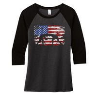 Wrestling Vintage American Flag Women's Tri-Blend 3/4-Sleeve Raglan Shirt