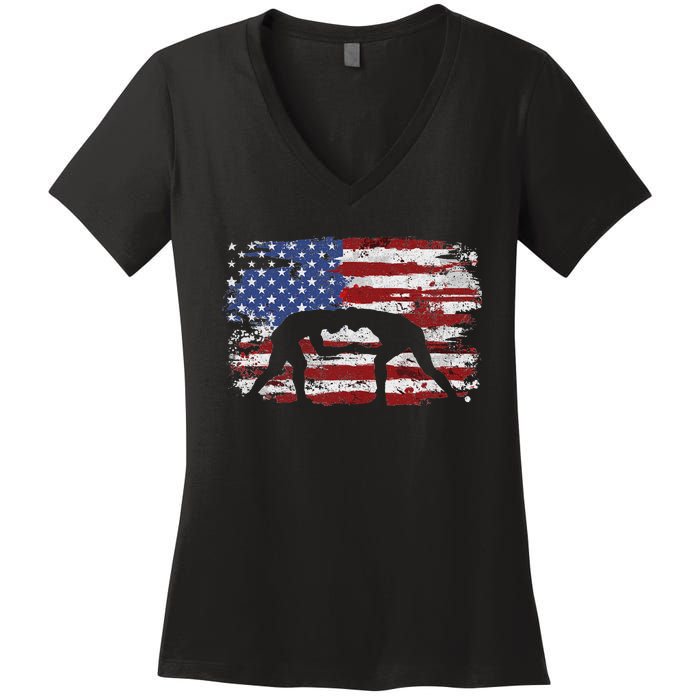 Wrestling Vintage American Flag Women's V-Neck T-Shirt