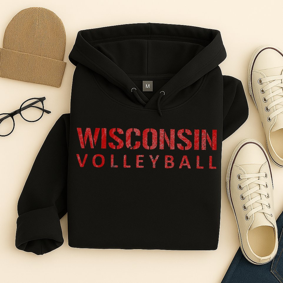 Wisconsin Volleyball Block Style VIntage Distressed Hoodie