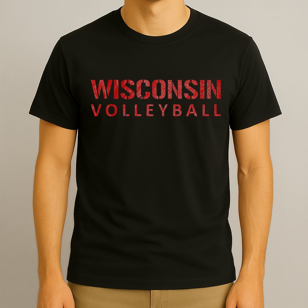 Wisconsin Volleyball Block Style VIntage Distressed T-Shirt