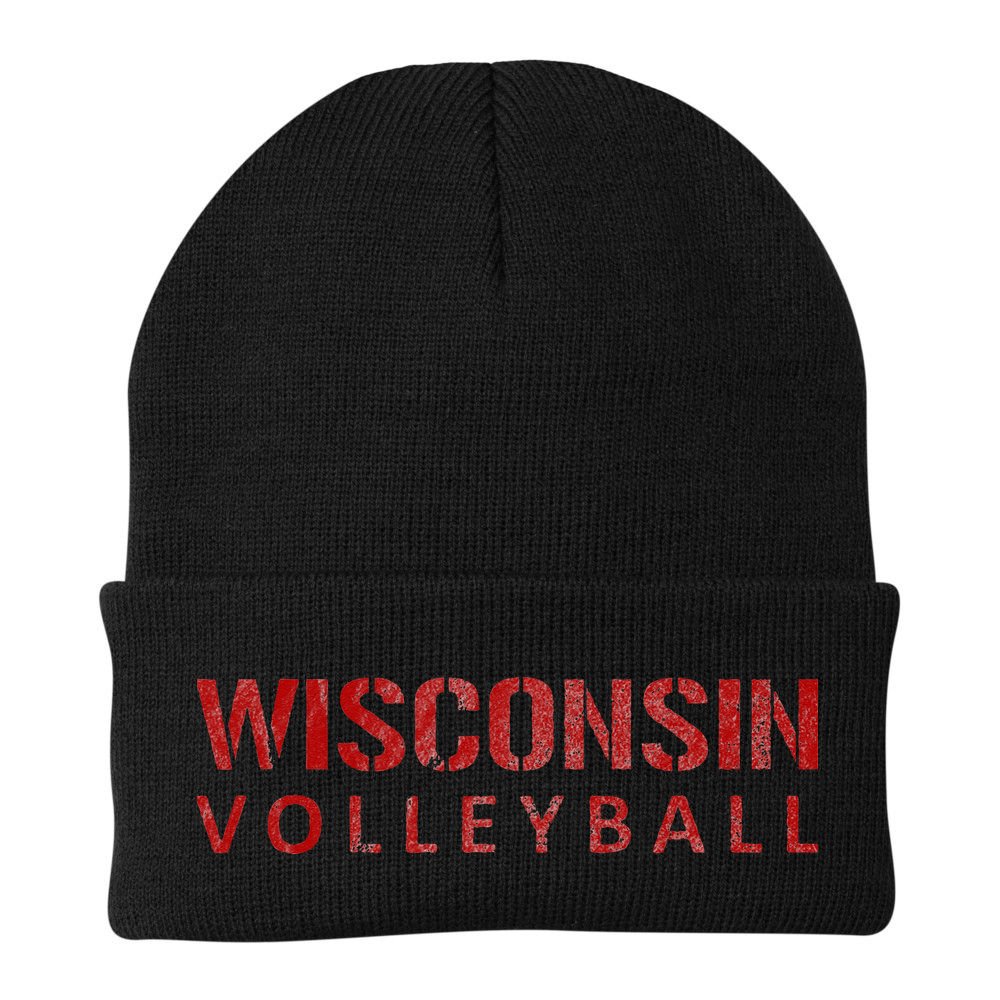Wisconsin Volleyball Block Style VIntage Distressed Beanie