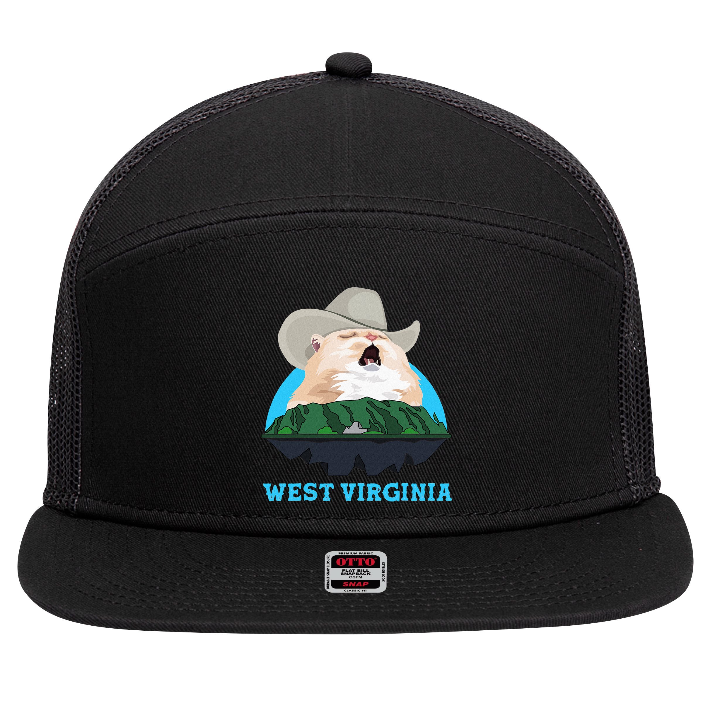 West Virginia Cowboy Cat Singing Meme Meowdy 7 Panel Mesh Trucker Snapback Hat