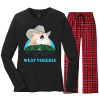 West Virginia Cowboy Cat Singing Meme Meowdy Women's Long Sleeve Flannel Pajama Set 