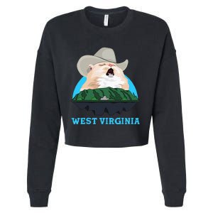 West Virginia Cowboy Cat Singing Meme Meowdy Cropped Pullover Crew