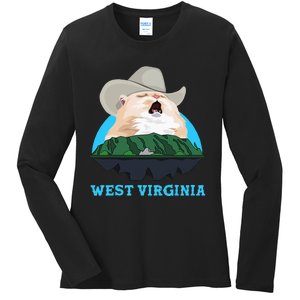 West Virginia Cowboy Cat Singing Meme Meowdy Ladies Long Sleeve Shirt